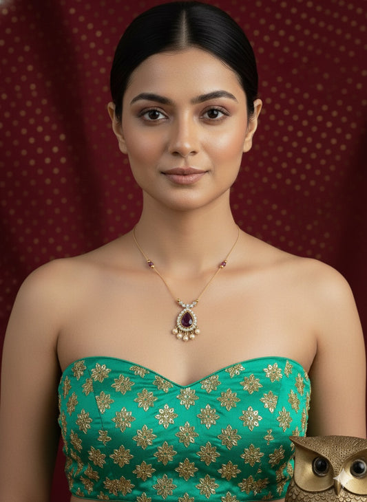 Gold Invisible Chain Necklace with Purple Teardrop Pendant and Pearl Accents