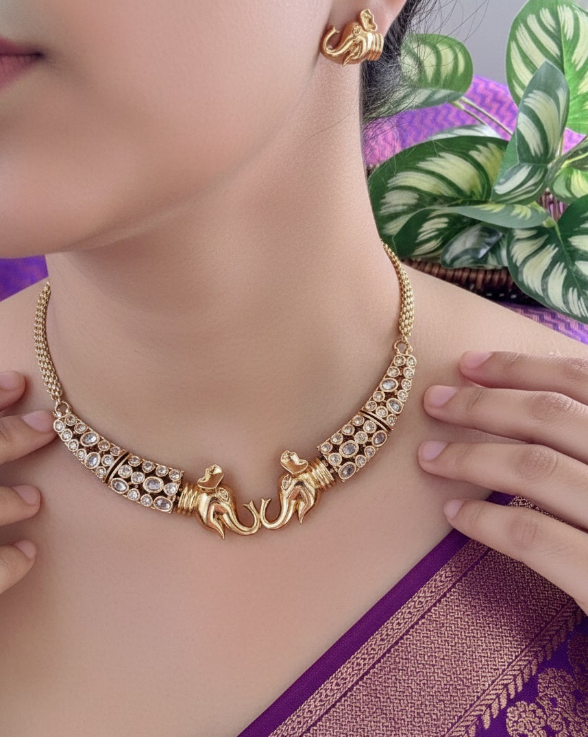 Antique Gold-Plated Elephant Motif Necklace & Earrings Set with Kundan Inlay