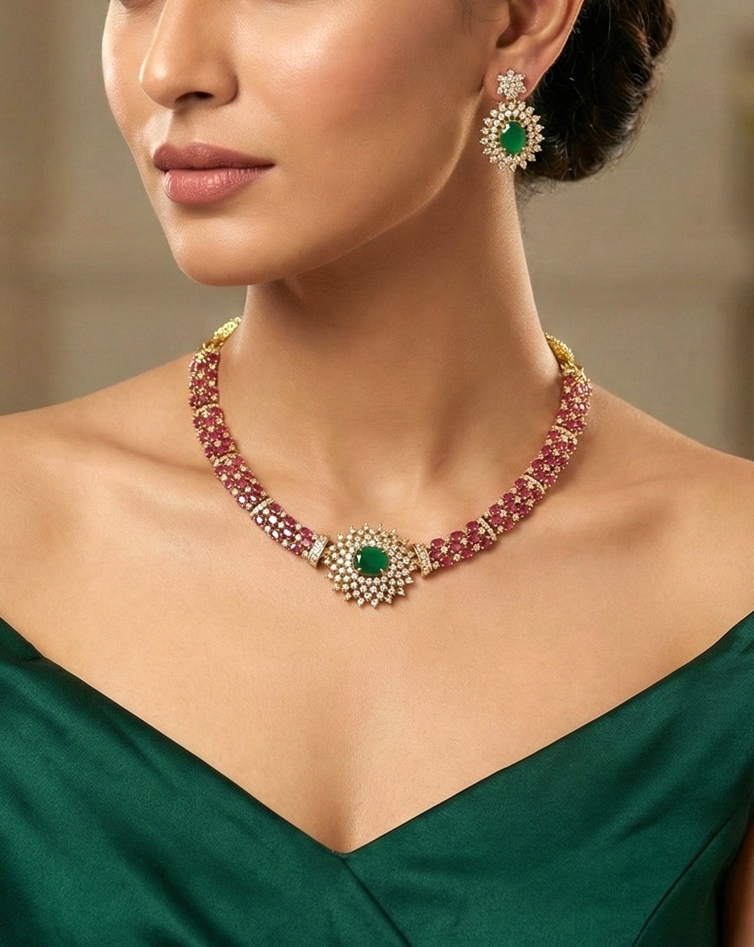 Ruby Red & Emerald Green AD Stone Necklace Set with Floral Pendant | Gold Plated