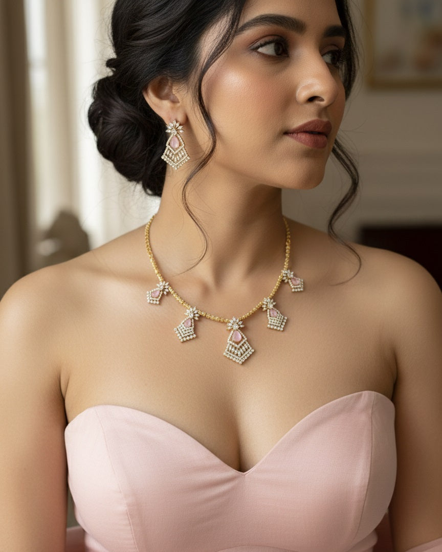 Gold-Plated Geometric Hasli Necklace Set with Purple Teardrop Crystals