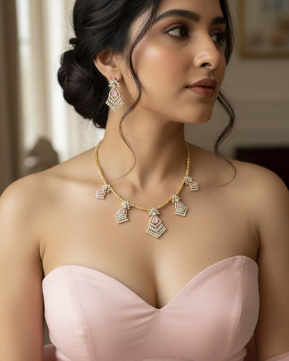 Gold-Plated Geometric Hasli Necklace Set with Purple Teardrop Crystals