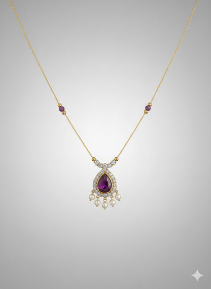 Gold Invisible Chain Necklace with Purple Teardrop Pendant and Pearl Accents