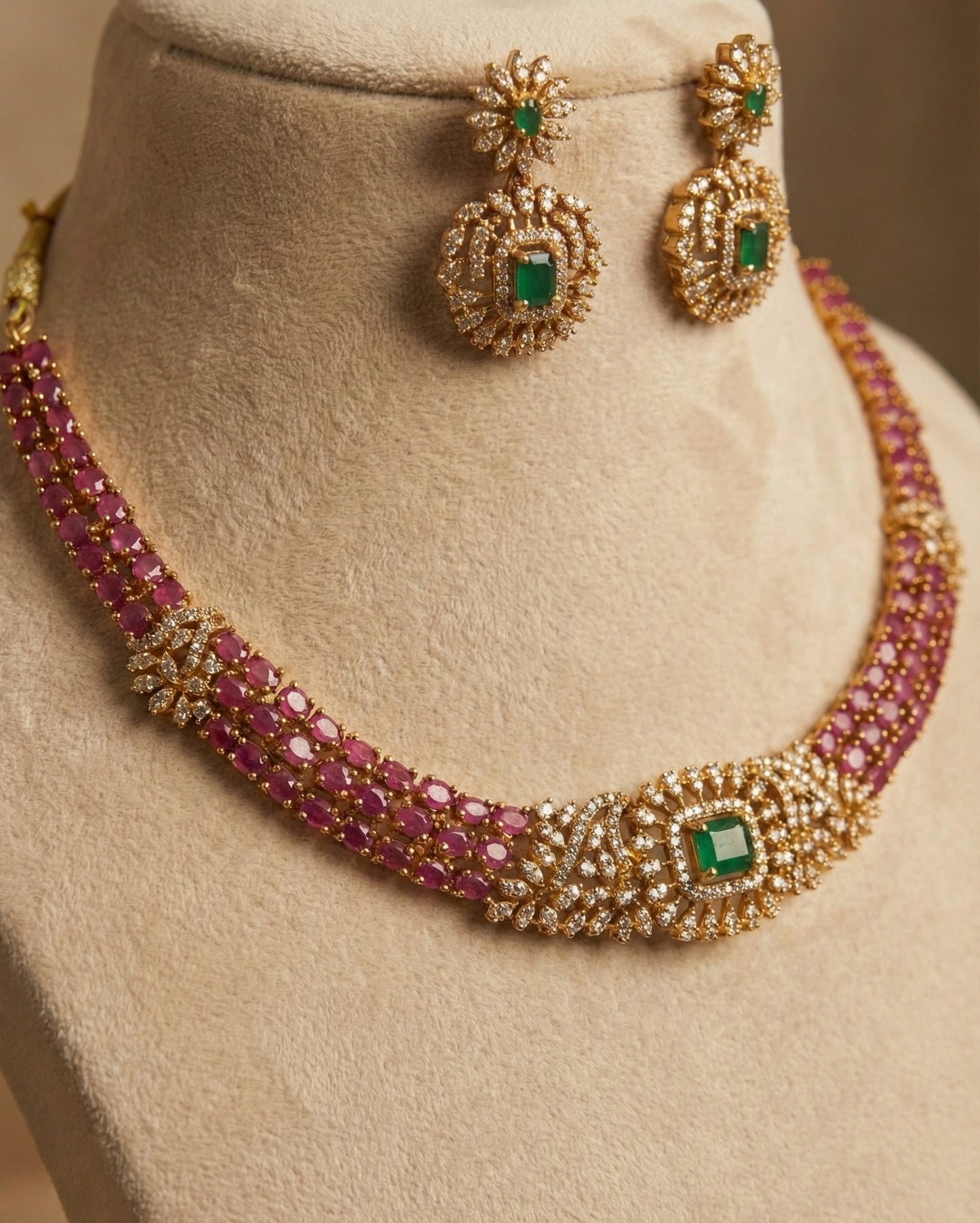 Ruby Red & Emerald Green AD Necklace Set with Rectangular Pendant | Gold Plated