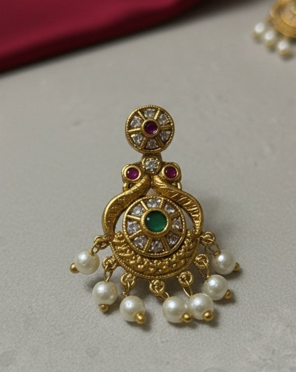 Antique Gold-Plated Peacock Motif Hasli Necklace Set with Kemp Stones and Pearl Droplets