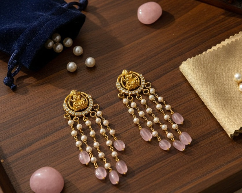 Gold plated Lakshmi Temple drop Earrings with Tiered Pearls and beads