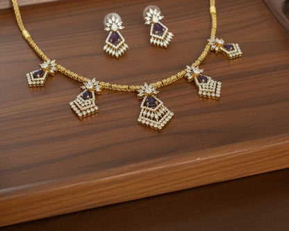 Gold-Plated Geometric Hasli Necklace Set with Purple Teardrop Crystals