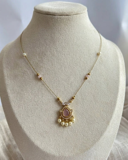 Rose Pink Teardrop & Pearl Drop Invisible Necklace – Gold-Toned Floating Chain