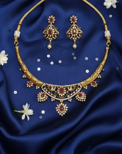 Gold-Plated Antique Filigree Choker Set with Ruby Pink Stones & Crystal Accents