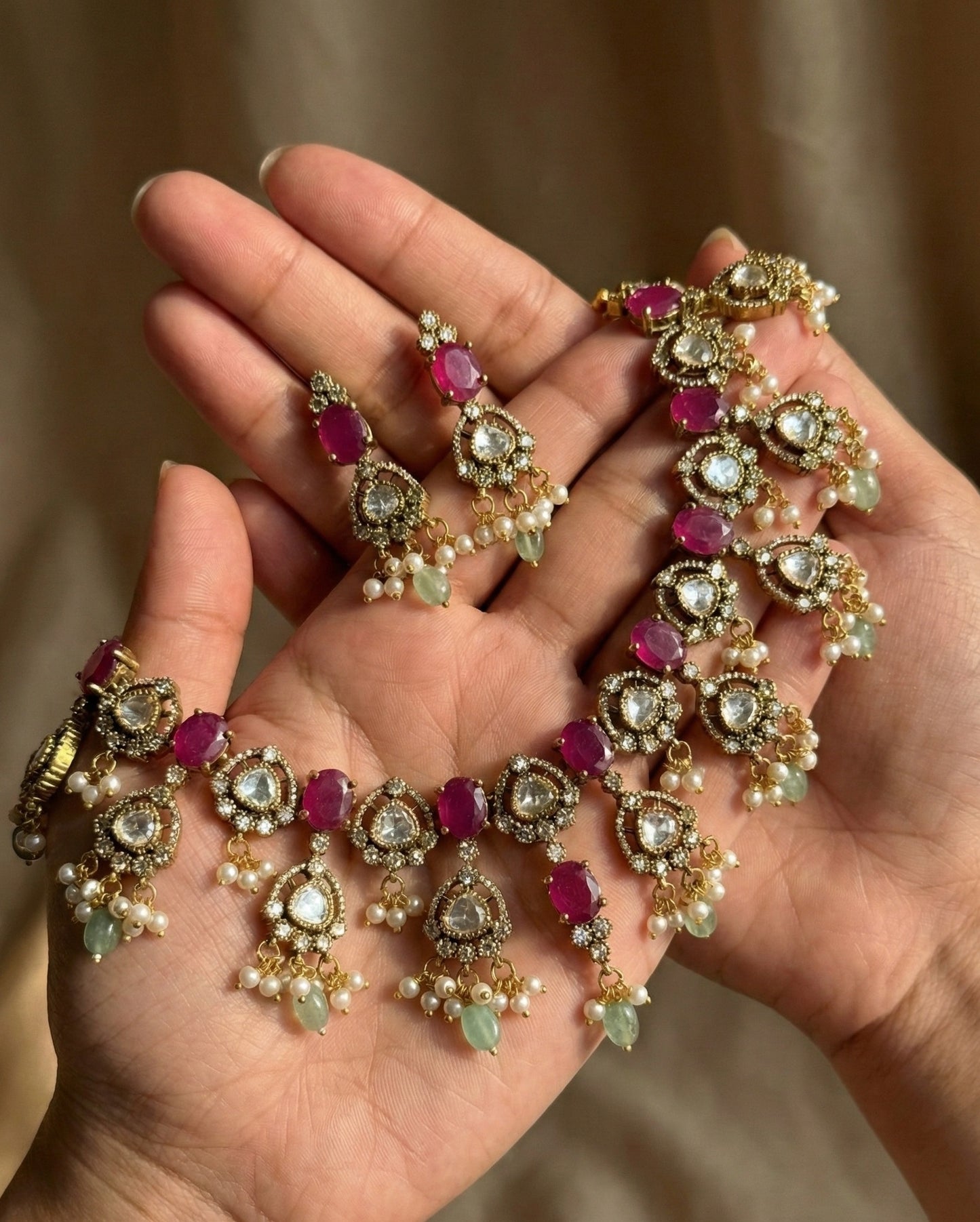 Ruby Red Monalisa & Polki Kundan Necklace Set with Mint Drops | Antique Gold Finish