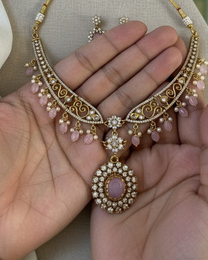 Gold-Plated Antique Filigree Choker Set with Rose Pink Stones & Pearl Drops