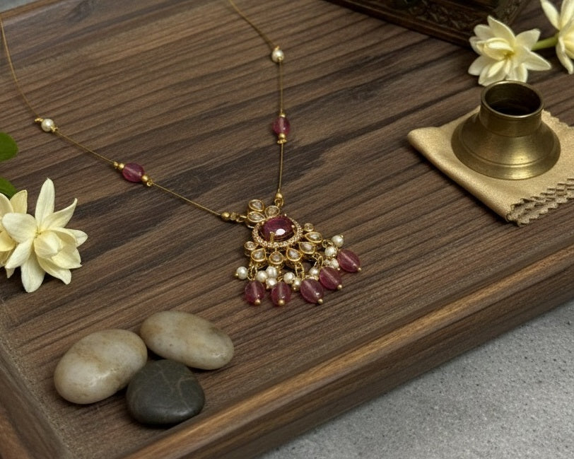 Deep Pink Magenta Floating Necklace – Invisible Gold Wire Choker with Gemstone & Pearl Fringe