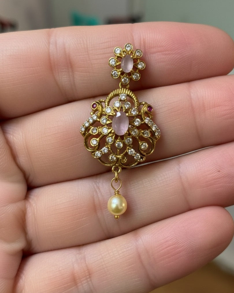 Gold-Plated Antique Filigree Choker Set with Rose Pink Stones & Crystal Accents