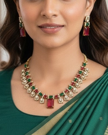 Royal Antique Gold Choker Set with Emerald-Cut Ruby Pink & Kundan Accents