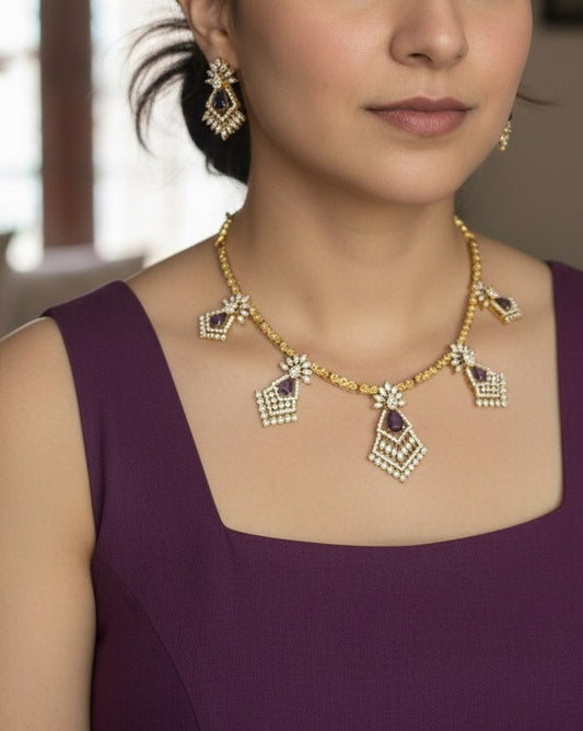 Gold-Plated Geometric Hasli Necklace Set with Purple Teardrop Crystals
