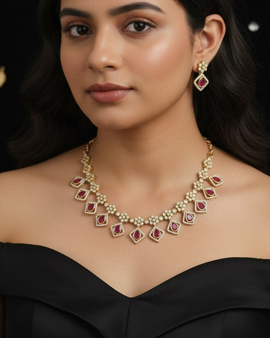 Gold-Plated Geometric Link Choker with Magenta Stone Inlays and Crystal Accents