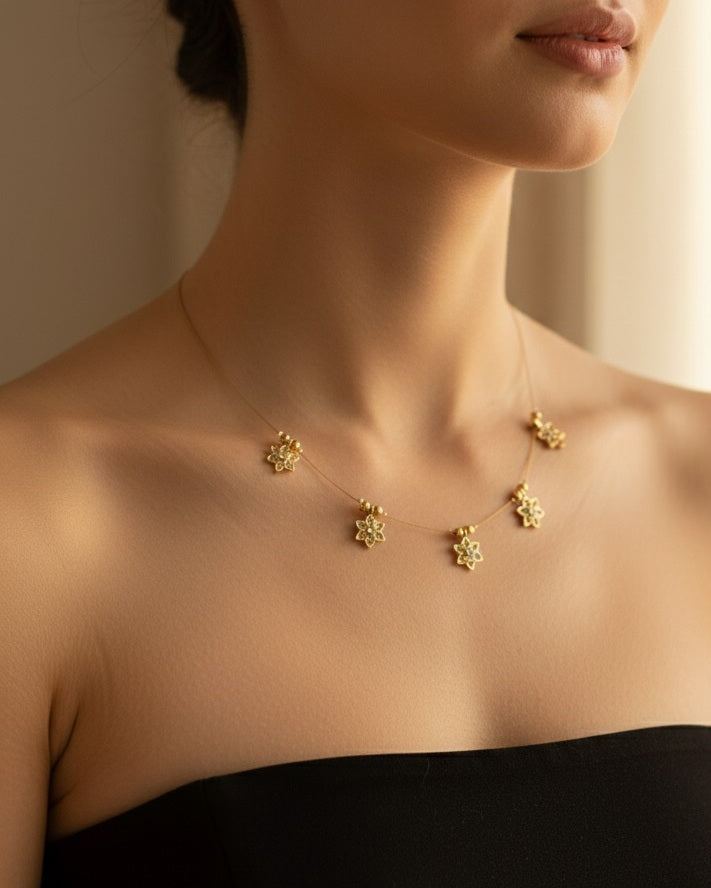 Gold-Tone Floating Flower Charm Necklace - Dainty Floral Invisible Wire Choker