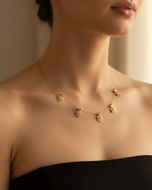 Gold-Tone Floating Flower Charm Necklace - Dainty Floral Invisible Wire Choker