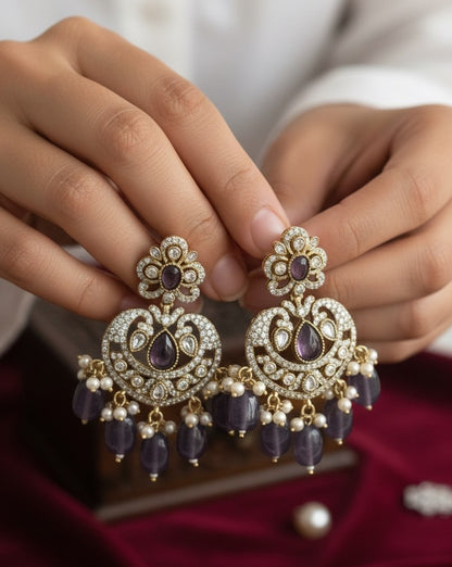 Victorian Lavender Purple Chandbali Earrings with Polki & Pearl Drops