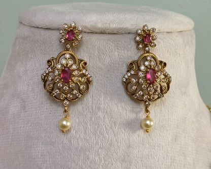 Gold-Plated Antique Filigree Choker Set with Ruby Pink Stones & Crystal Accents