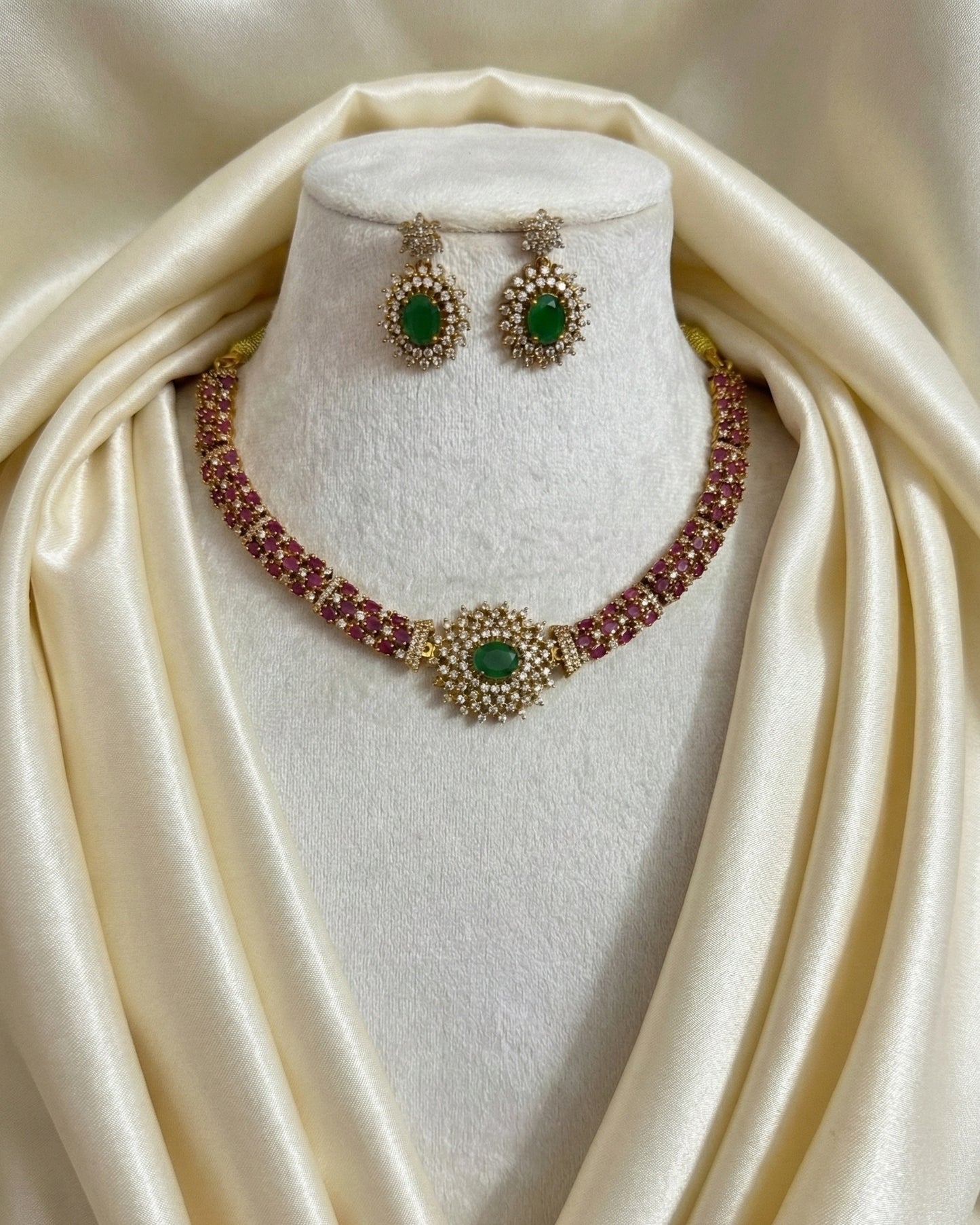 Ruby Red & Emerald Green AD Stone Necklace Set with Floral Pendant | Gold Plated