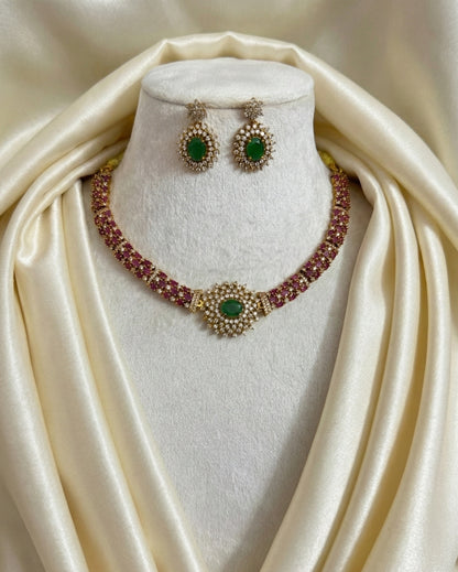 Ruby Red & Emerald Green AD Stone Necklace Set with Floral Pendant | Gold Plated