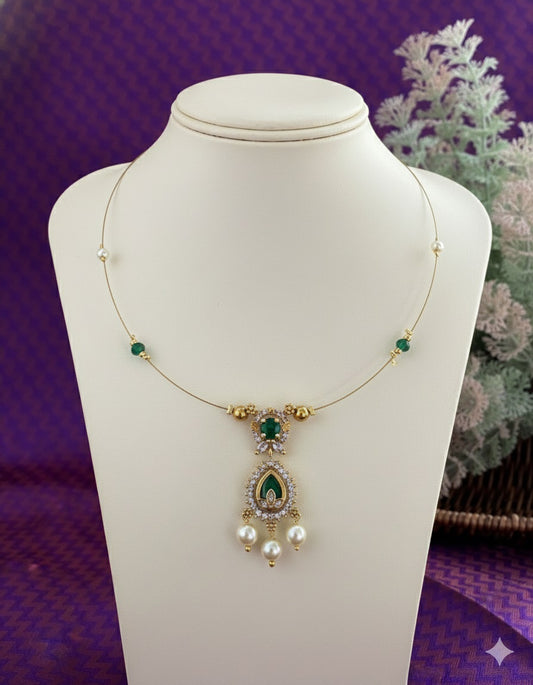 Royal Emerald Double-Tiered Floating Necklace – Invisible Gold Wire Choker with Pearl Dangles
