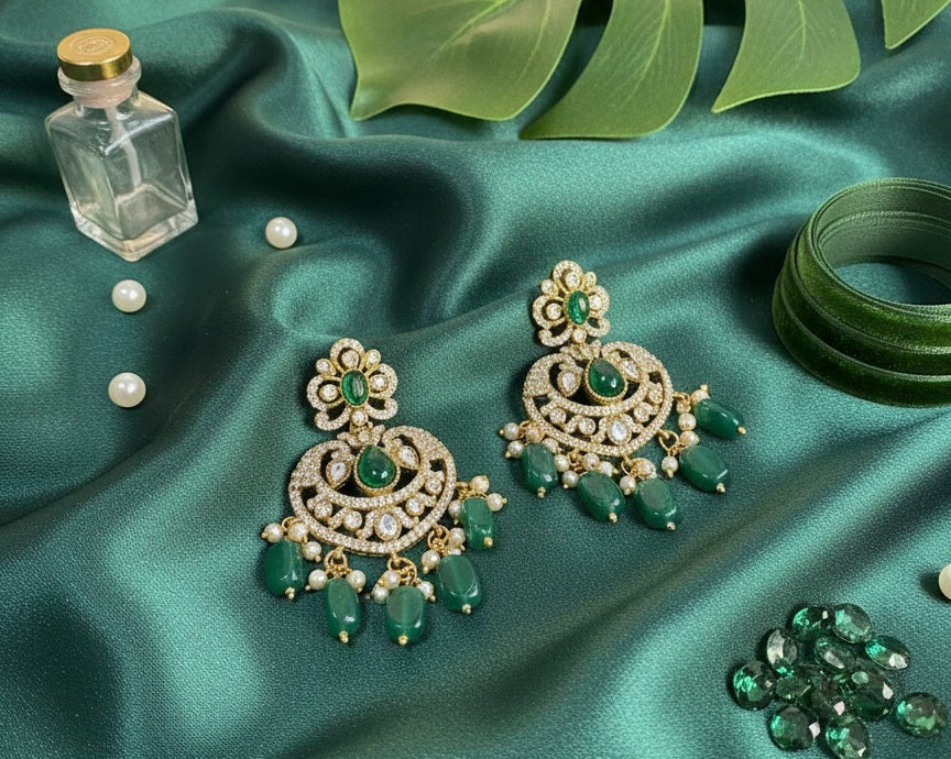 Victorian Emerald Green Chandbali Earrings with Polki & Pearl Accents