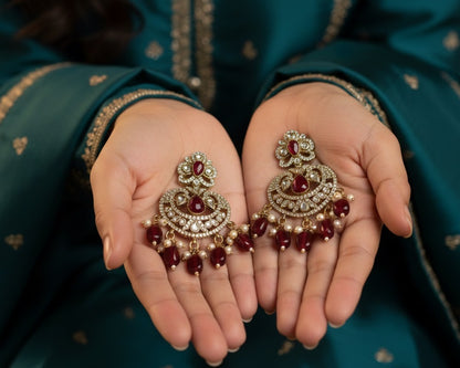 Victorian Ruby Red Chandbali Earrings with Polki and Pearl Drops