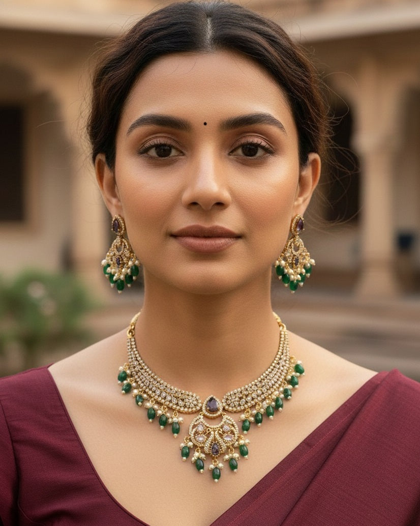 Royal Gold-Plated Kundan Choker Set with Amethyst Purple Accents & Emerald Green Beads