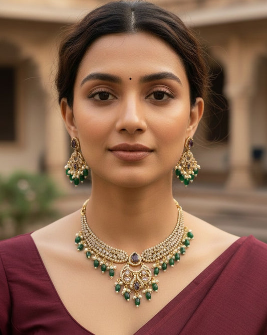 Royal Gold-Plated Kundan Choker Set with Amethyst Purple Accents & Emerald Green Beads