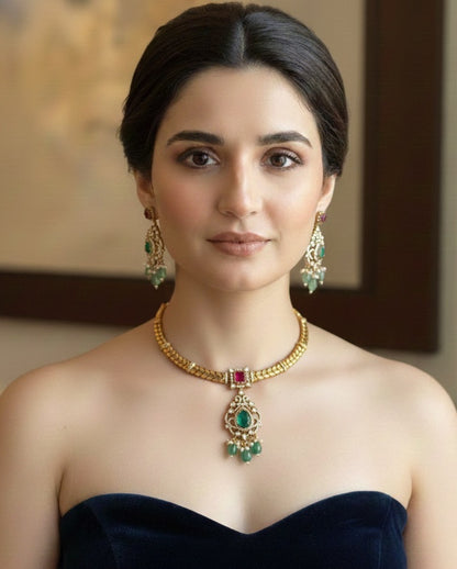 Royal Gold-Plated Statement Choker Set with Ruby Red Accents & Emerald Green Drops
