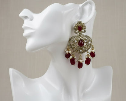 Victorian Ruby Red Chandbali Earrings with Polki and Pearl Drops