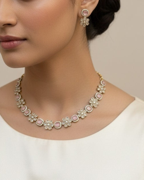 Blush Pink Rose Quartz Style Floral Necklace & Earring Set with Polki Accents