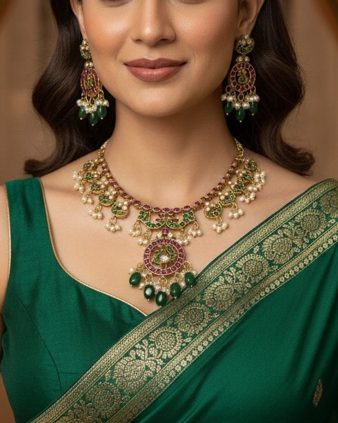 Traditional South Indian Kemp Stone Peacock Necklace Set with Gold Polish and Pearl Finish