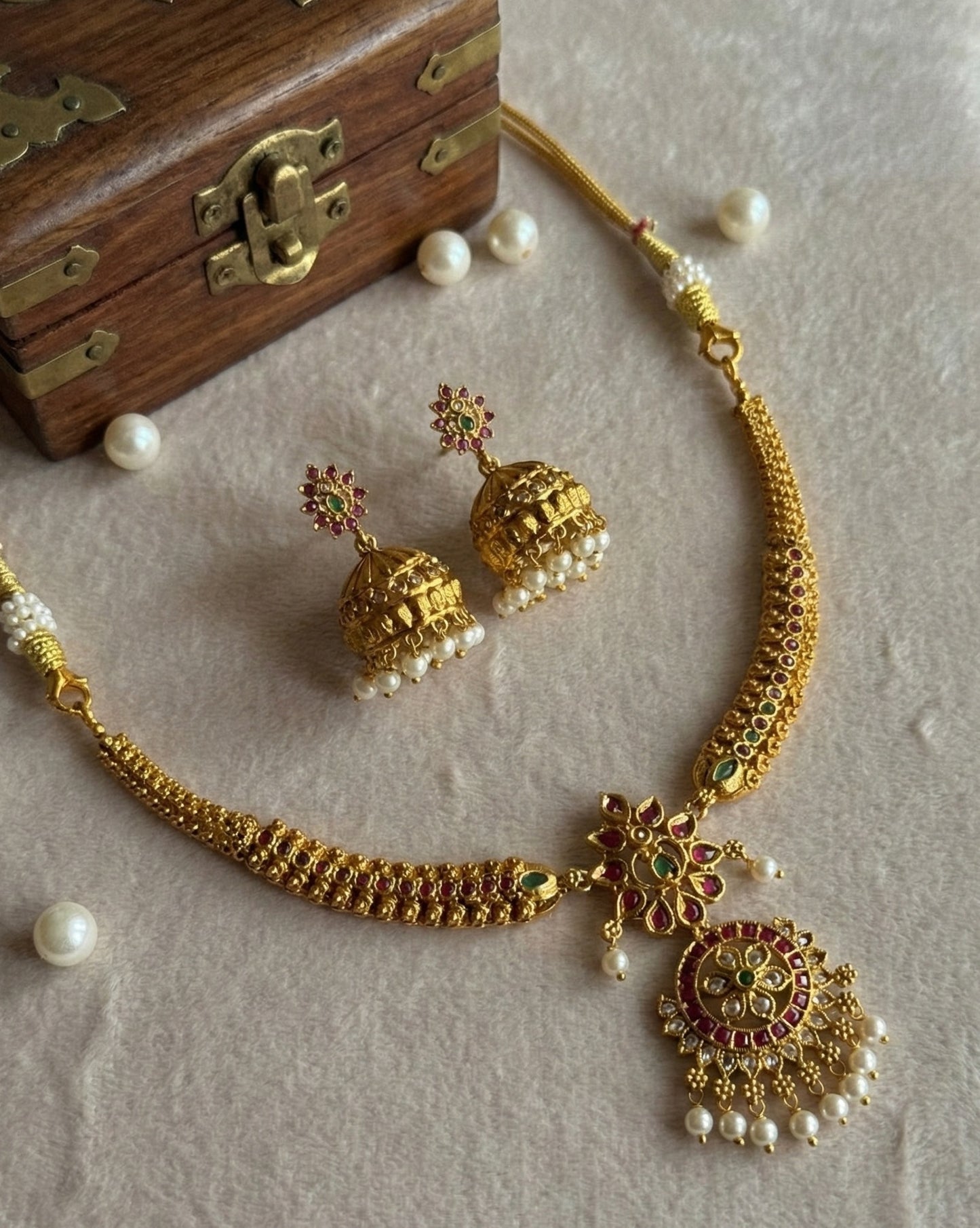 Antique Matte Gold Floral Necklace Set with Ruby & Green Kemp Stones and Pearl Drop Jhumkas | Traditional Temple Jewellery