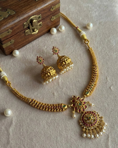 Antique Matte Gold Floral Necklace Set with Ruby & Green Kemp Stones and Pearl Drop Jhumkas | Traditional Temple Jewellery