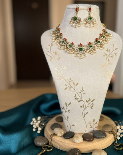 Gold-Plated Kundan Crescent Choker Set with Ruby Red Beads & Emerald Green Stones