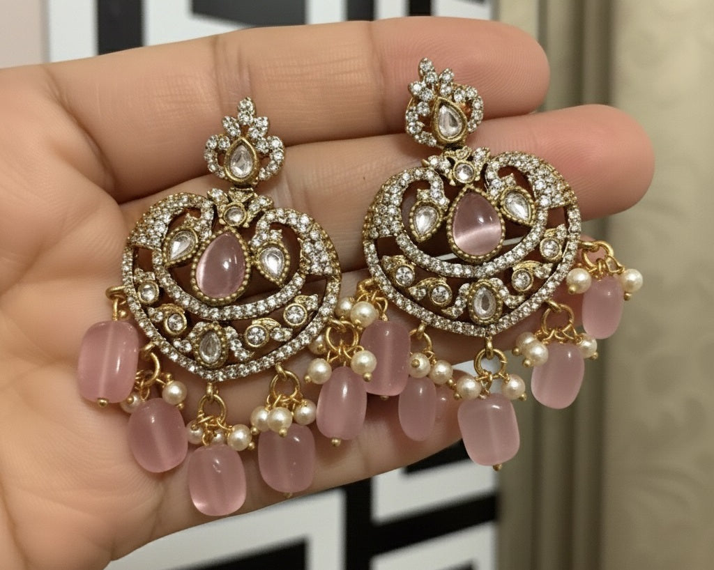 Victorian Rose Pink Chandbali Earrings with Antique Stone Work