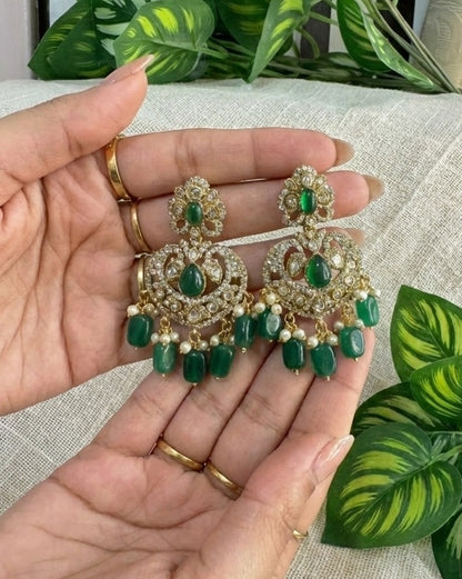 Victorian Emerald Green Chandbali Earrings with Polki & Pearl Accents