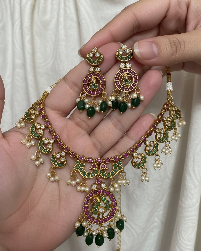 Traditional South Indian Kemp Stone Peacock Necklace Set with Gold Polish and Pearl Finish