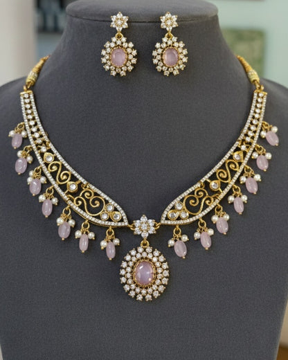 Gold-Plated Antique Filigree Choker Set with Rose Pink Stones & Pearl Drops