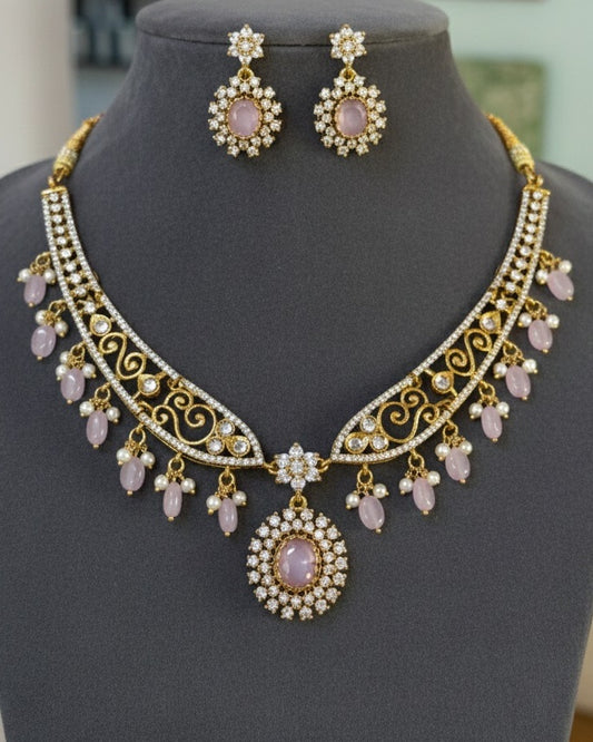 Gold-Plated Antique Filigree Choker Set with Rose Pink Stones & Pearl Drops