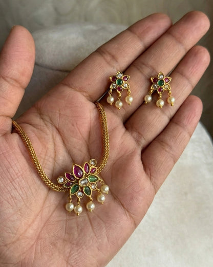 Gold Plated Ruby & Emerald Floral Pendant Necklace Set with Pearl Drops