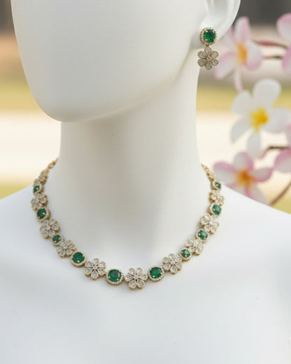 Elegant Emerald Green & Polki Floral Necklace Set with Matching Earrings