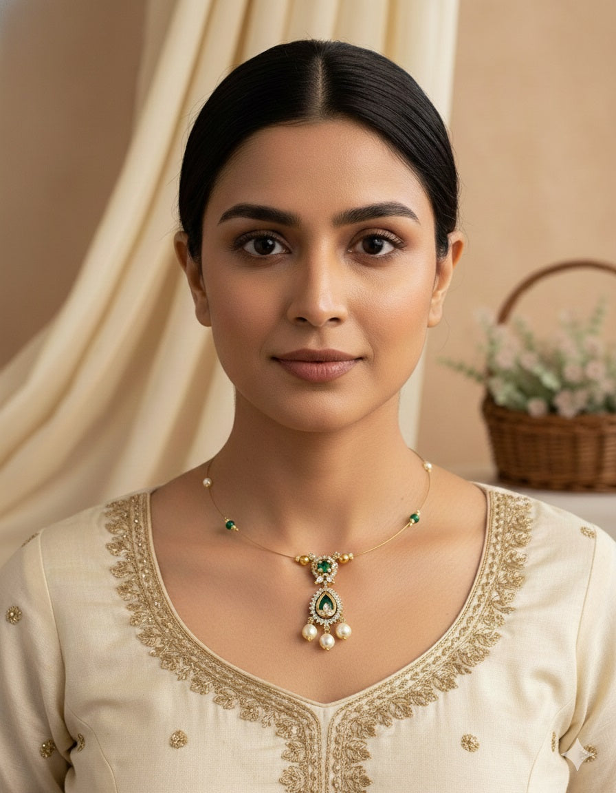 Royal Emerald Double-Tiered Floating Necklace – Invisible Gold Wire Choker with Pearl Dangles