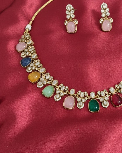 Gold-Plated Navratna-Style Necklace Set with Carved Multicolor Gemstones & Floral Crystal Accents