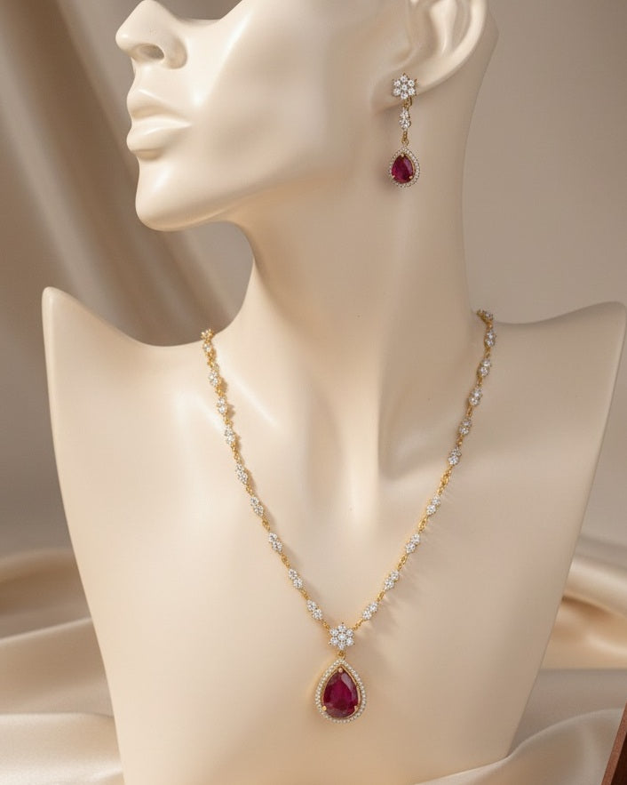 Gold-Plated Minimalist V-Necklace Set with Ruby Red Teardrop Pendant