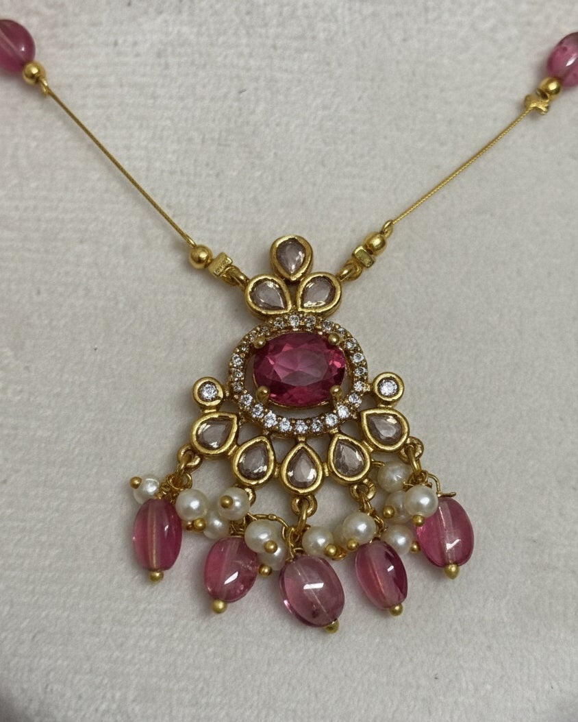 Deep Pink Magenta Floating Necklace – Invisible Gold Wire Choker with Gemstone & Pearl Fringe