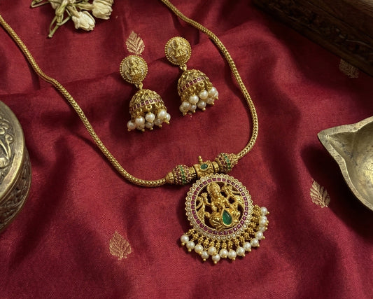 Antique Gold Plated Lakshmi Temple Pendant Set with Kemp Stones & Pearl Clusters (Includes Matching Jhumkas)