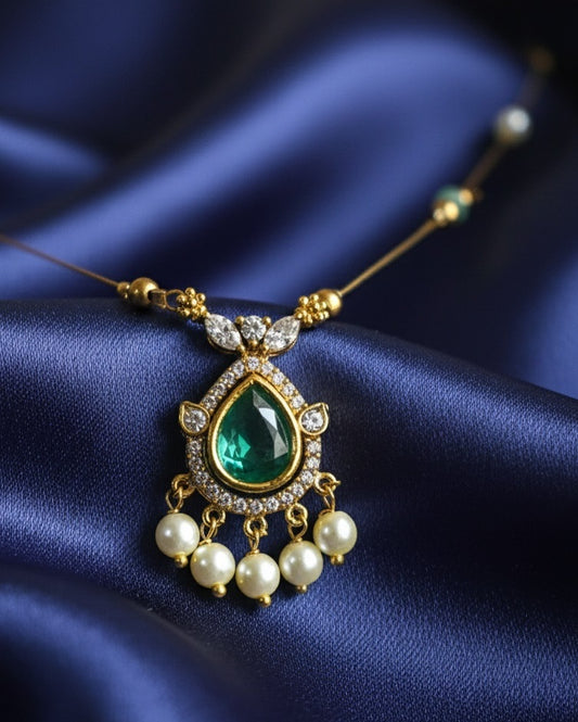 Mint Green Teardrop & Pearl Drop Invisible Necklace – Gold-Toned Floating Chain